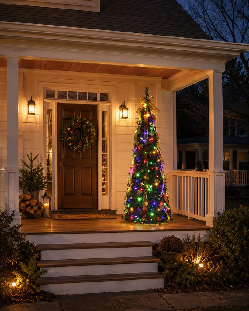 8ft Fully Decorated Pop up With Warm White Multicolor Lights