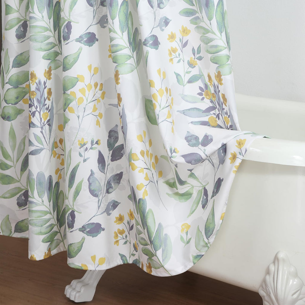 54x78 Inch Stall Shower Curtain, Sage Green Gray Yellow Watercolor Botanical Leaf Print Fabric Shower Curtains, 54"
