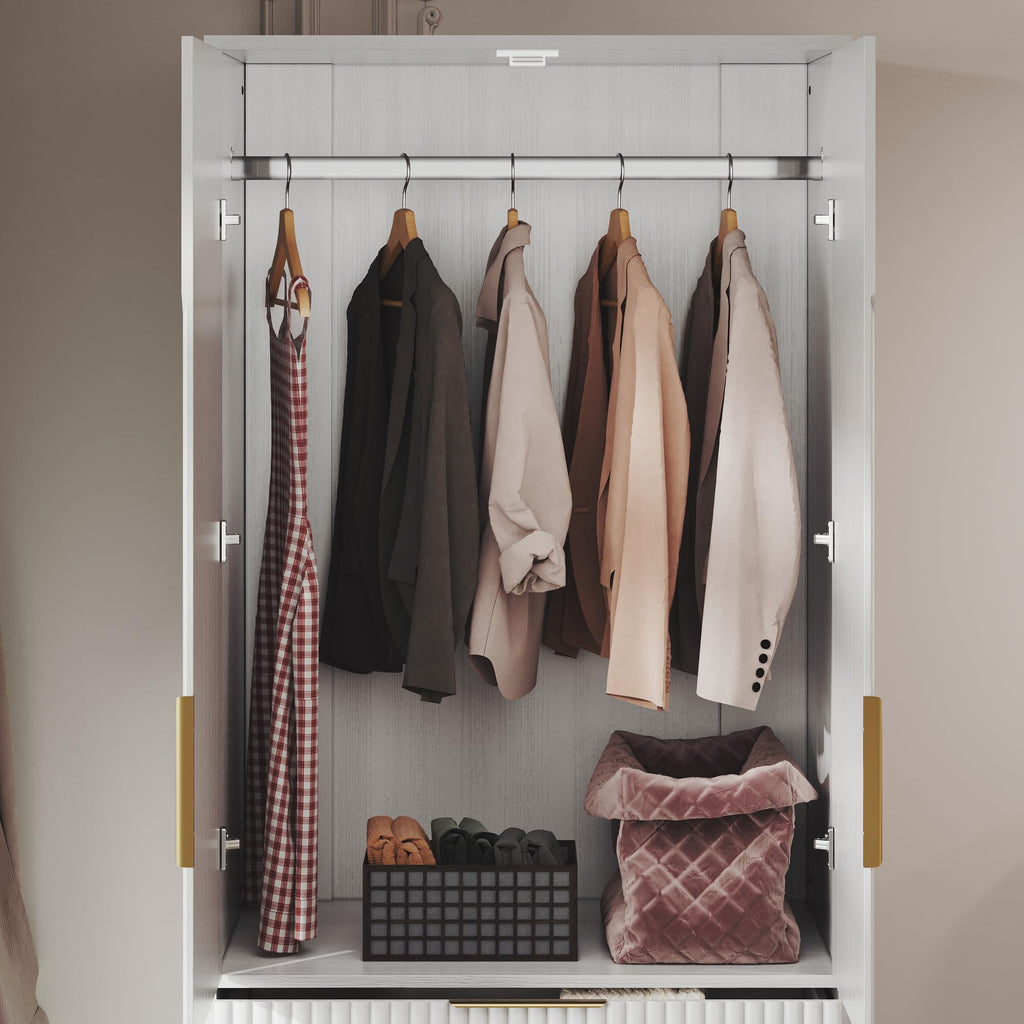 70" Wardrobe Armoire Wooden Closet with 2 Doors and 3 Drawers, Bedroom Armoire with Hanging Rod Shelf, Large Capacity