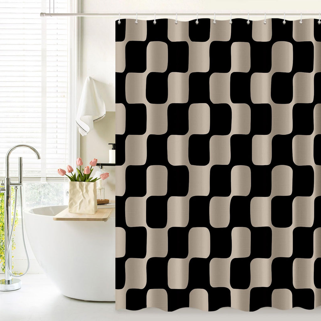 Retro Checkerboard Grid Pattern 140gsm Faux Linen Fabric, Black Brown Classical Groovy Wavy Checkered Sets