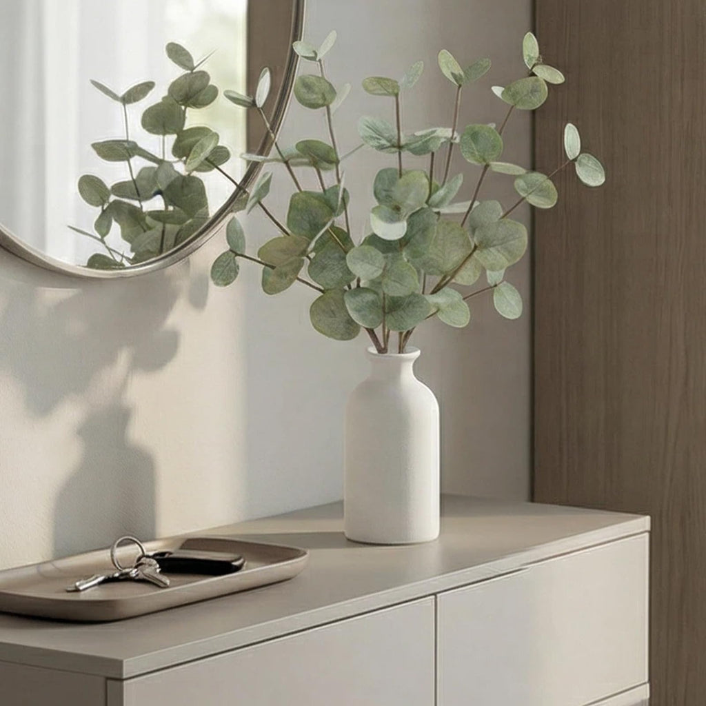 15" Artificial Eucalyptus Stems Potted Plant - Realistic Small Fake Desk Plants Home Decor, Faux Plants in Frosted