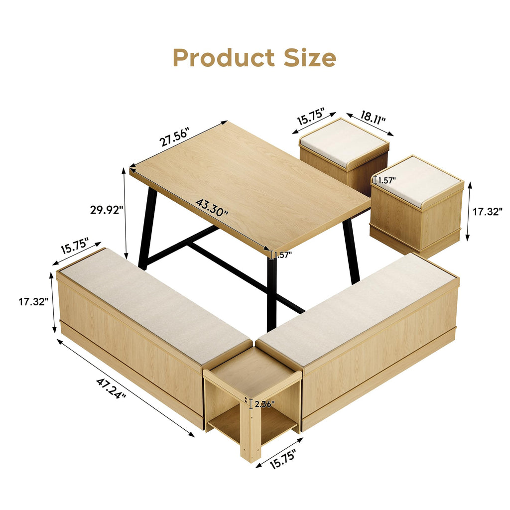 63" Breakfast Nook Table Set with Storage Bench, Natural Wood
