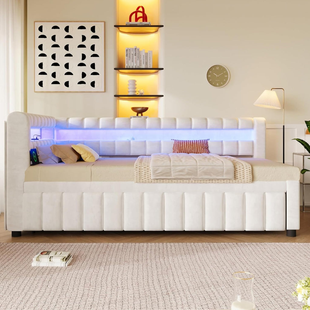 Twin XL to King Size L-Shaped Daybed with Pop-up Trundle, White | Vertical Channel Tufted Upholstered Corner Day Bed