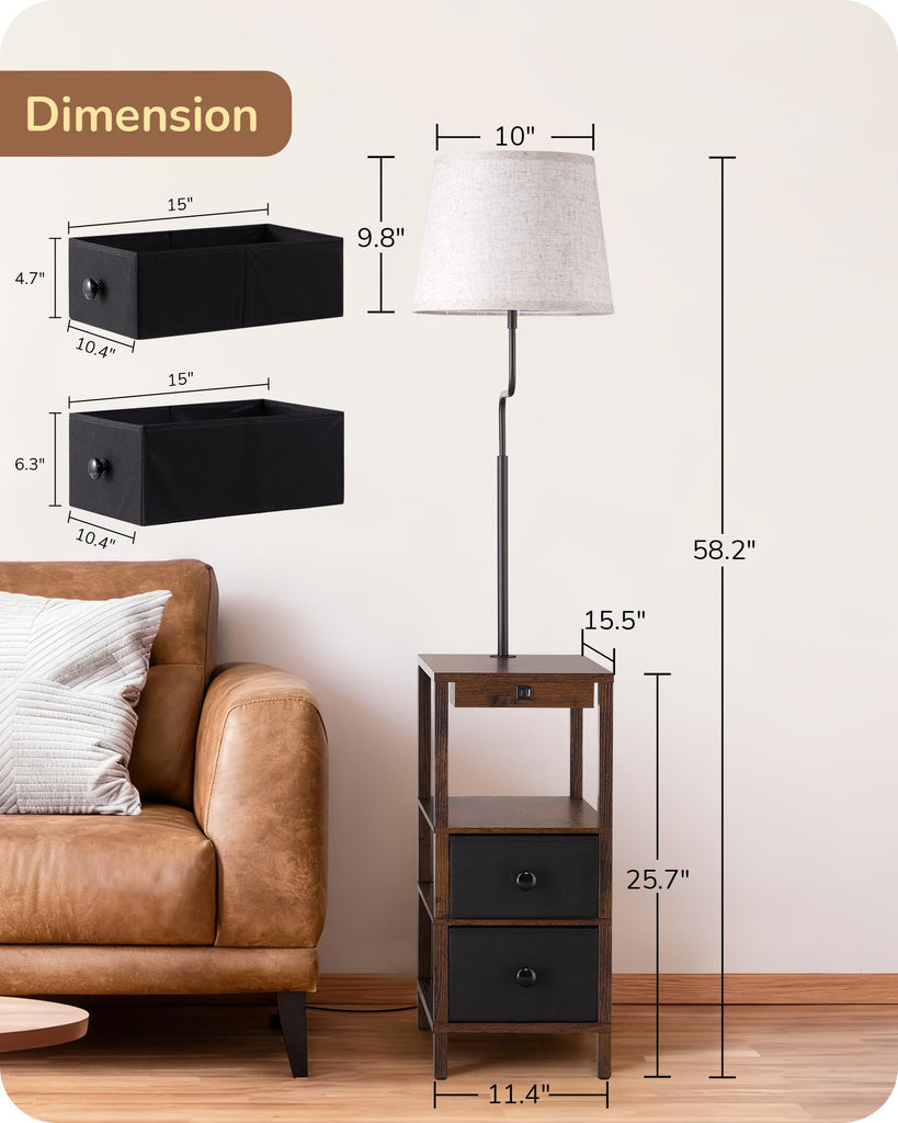 Floor Lamp with Table Dimmable USB Type-C Ports, Fire-Burned Wood
