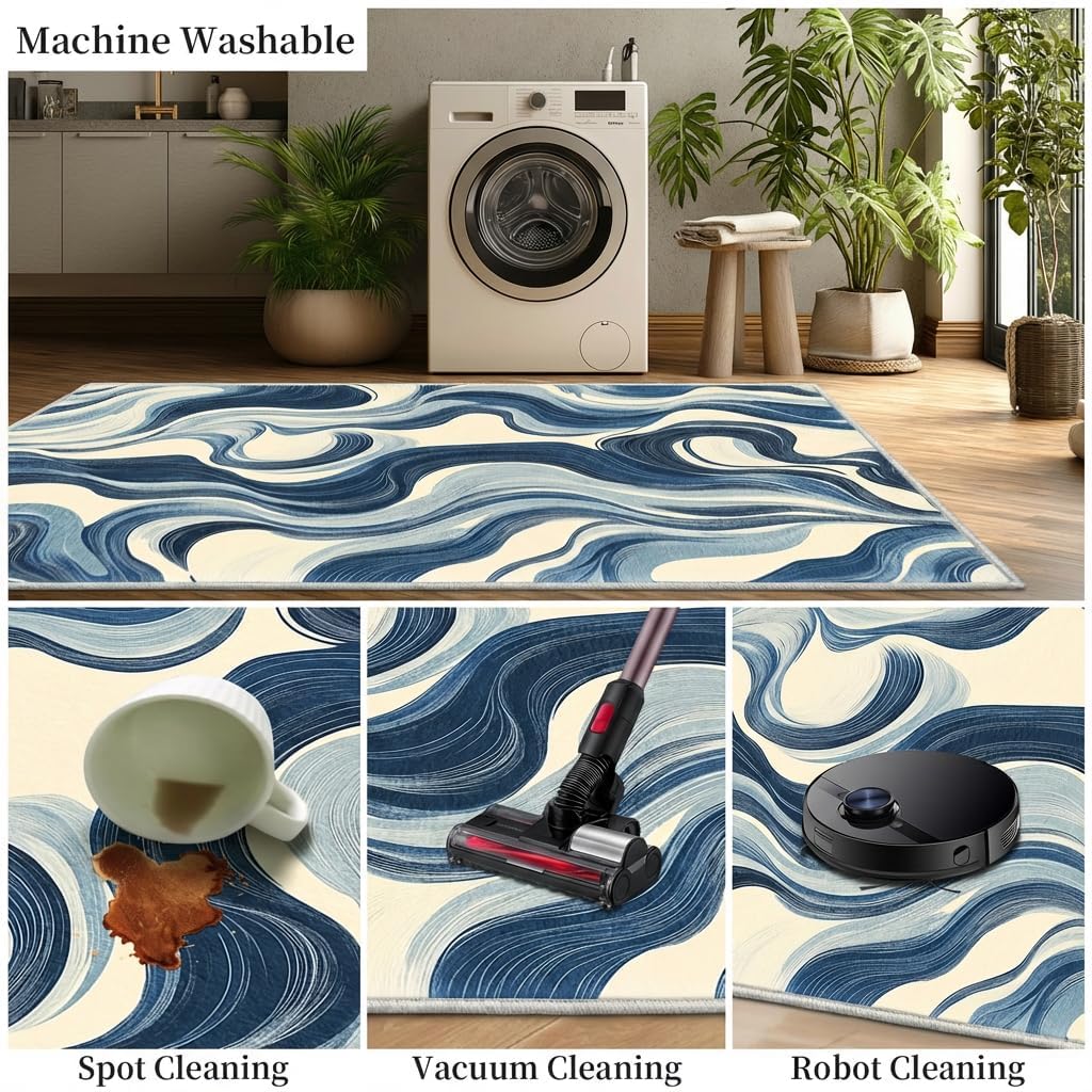 Blue and White Wave Area Rug 5x7 Modern Wavy Stripes Rugs