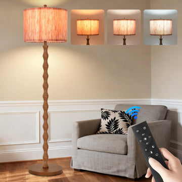 Wood Floor Lamps Boho Farmhouse Floor Lamp with Remote Control,Dimmable Vintage Floor Lamp Mid Century Modern