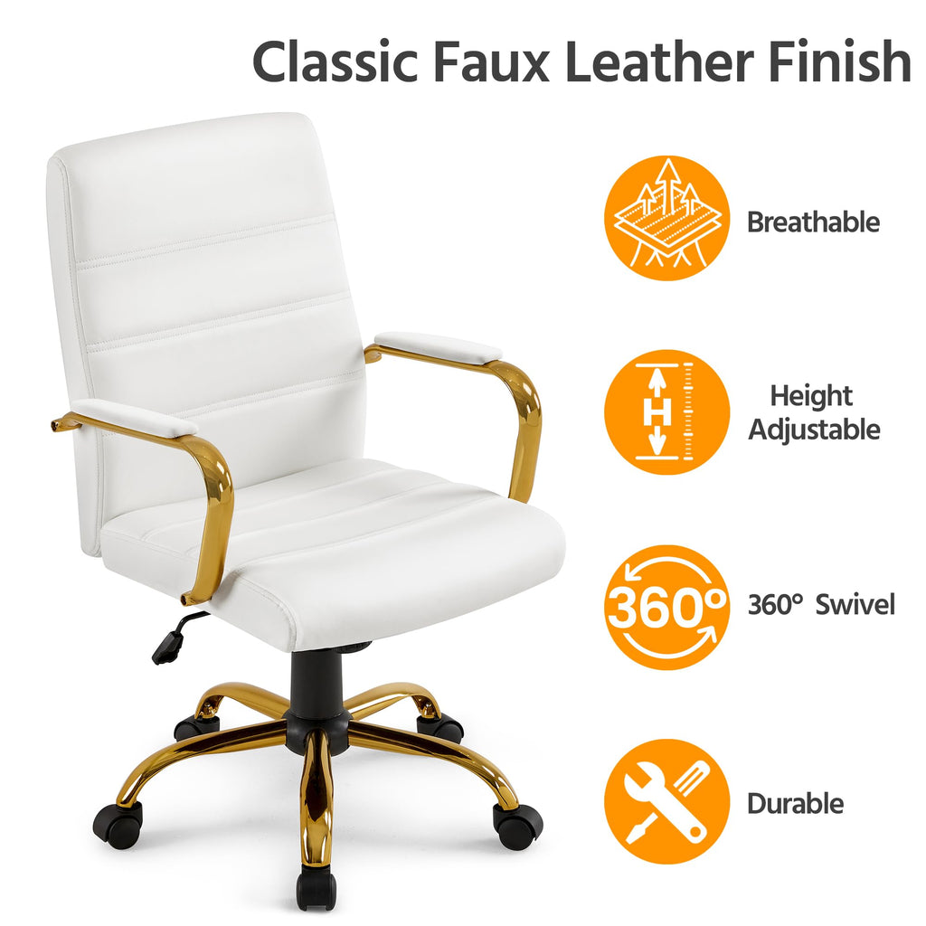 White and Gold Executive Office Chair Mid Back PU Leather Swivel