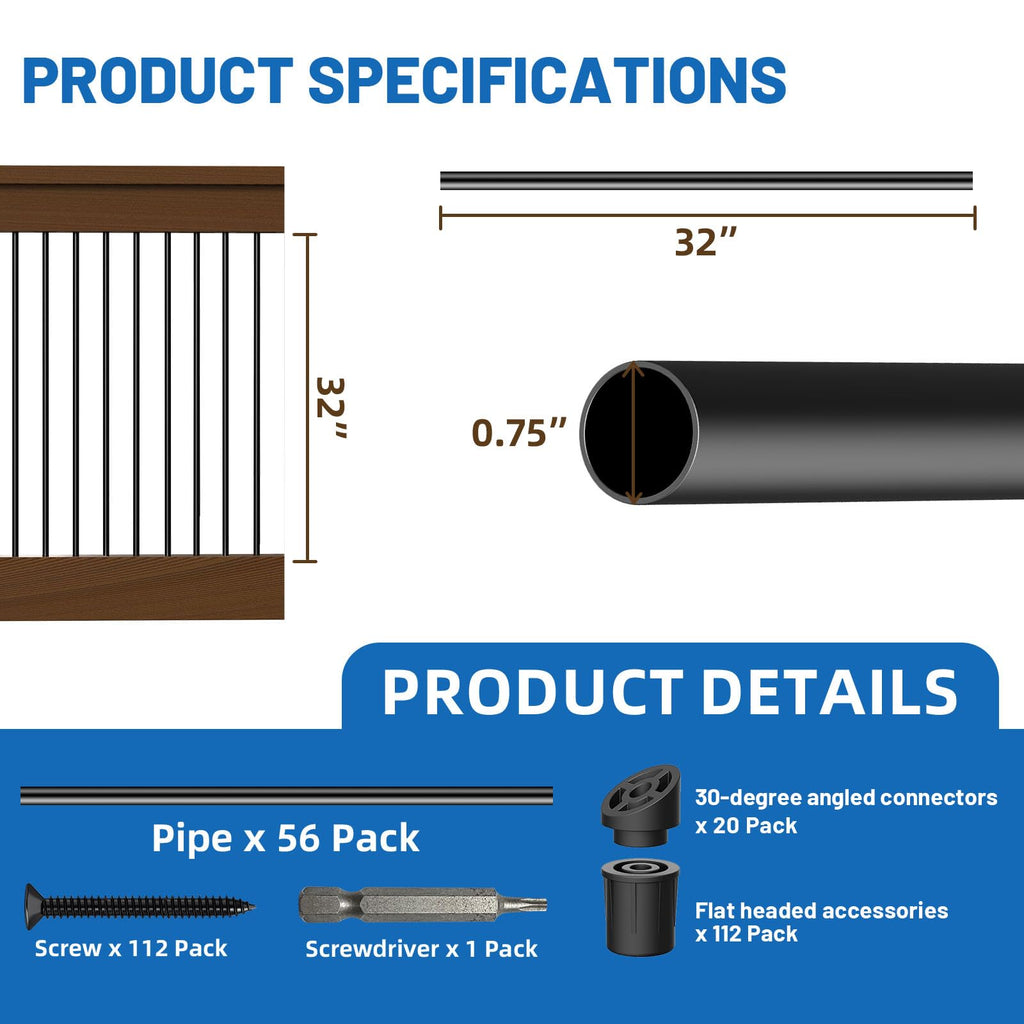 56 Pack 32 inch Aluminum Balusters for Deck Railing, Black Round Metal Spindles for Staircase, 3/4" Diameter Hollow