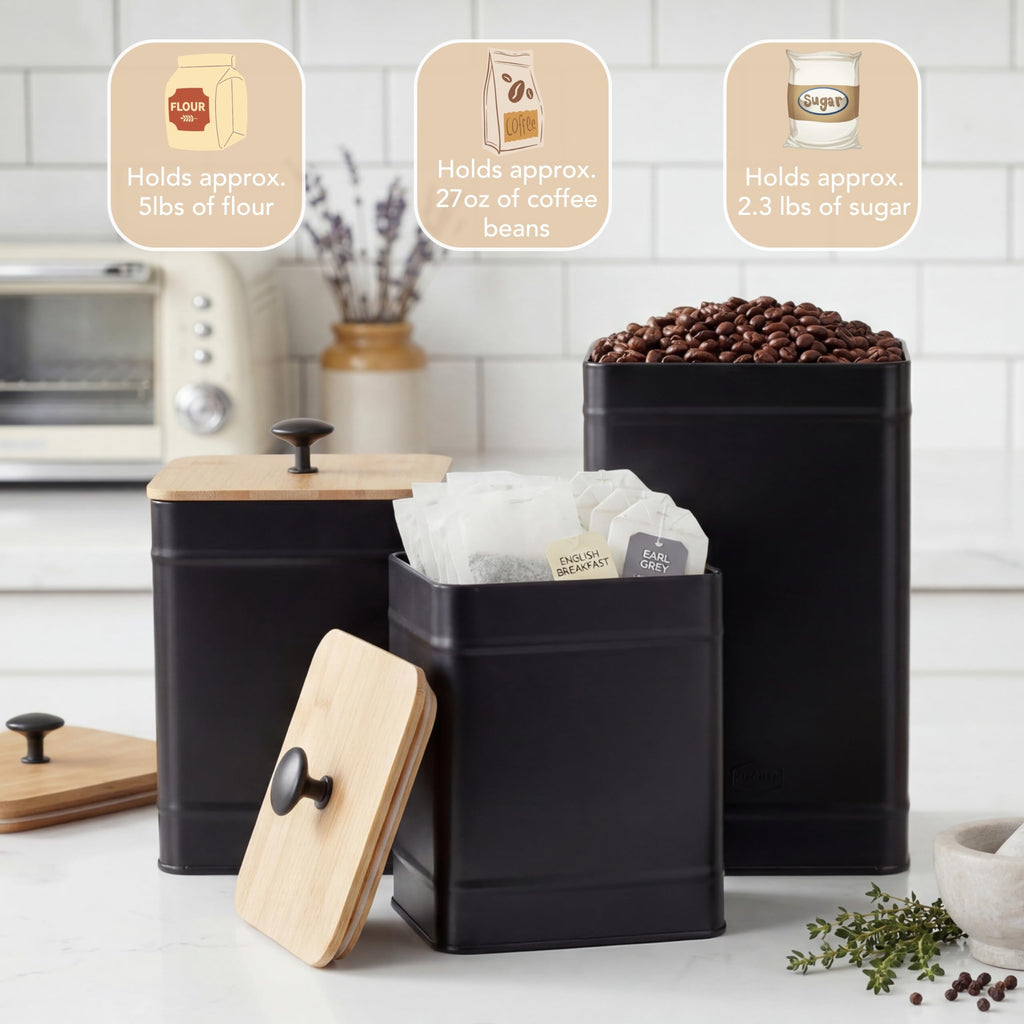 Kitchen Canisters for Countertop Set of 3, Airtight Canisters Sets for the Kitchen Counter with Lid, Metal Farmhouse
