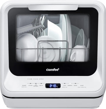 Portable Dishwasher Countertop with 5L Built-in Water Tank, No Hookup Needed, 6 Programs, 360° Dual 