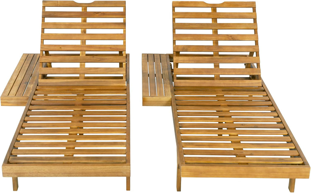 2-Person Outdoor Chaise Lounge Set with 3-Fold 4" Cushions, Acacia Wood Patio 5-Position Adjustable Reclining Sun