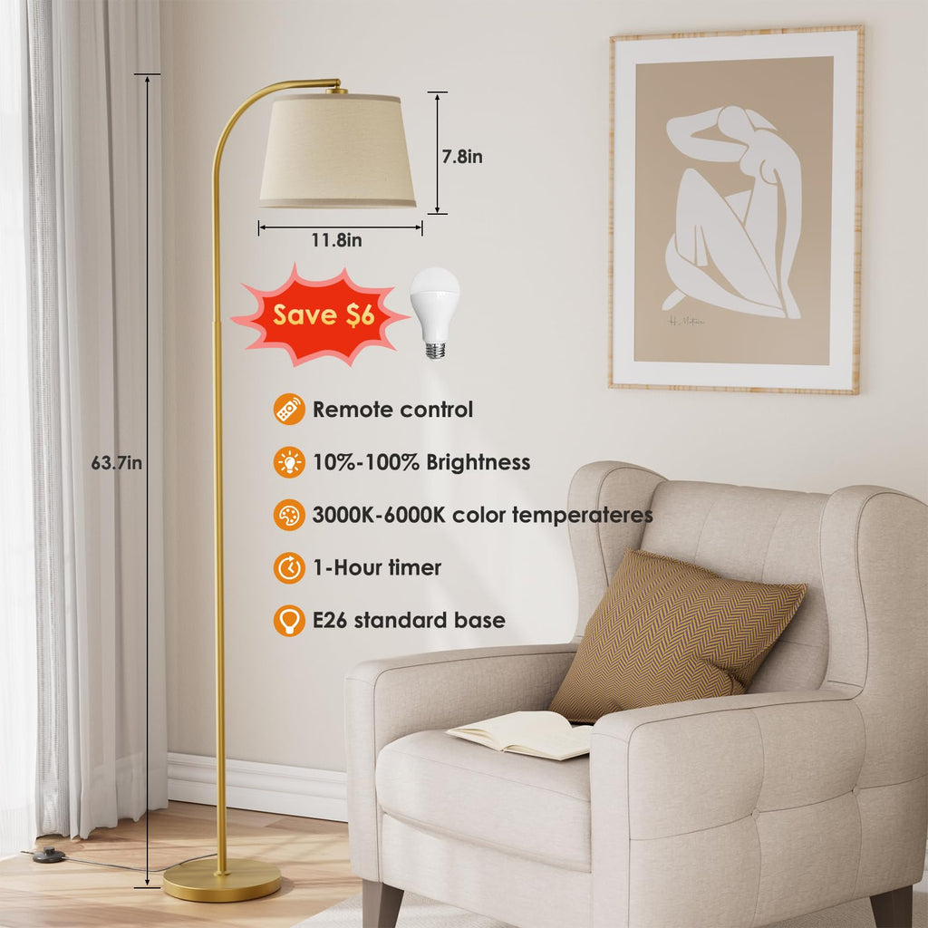 64" 3 Color Dimmable Gold Arc Floor Standing Lamp with Remote