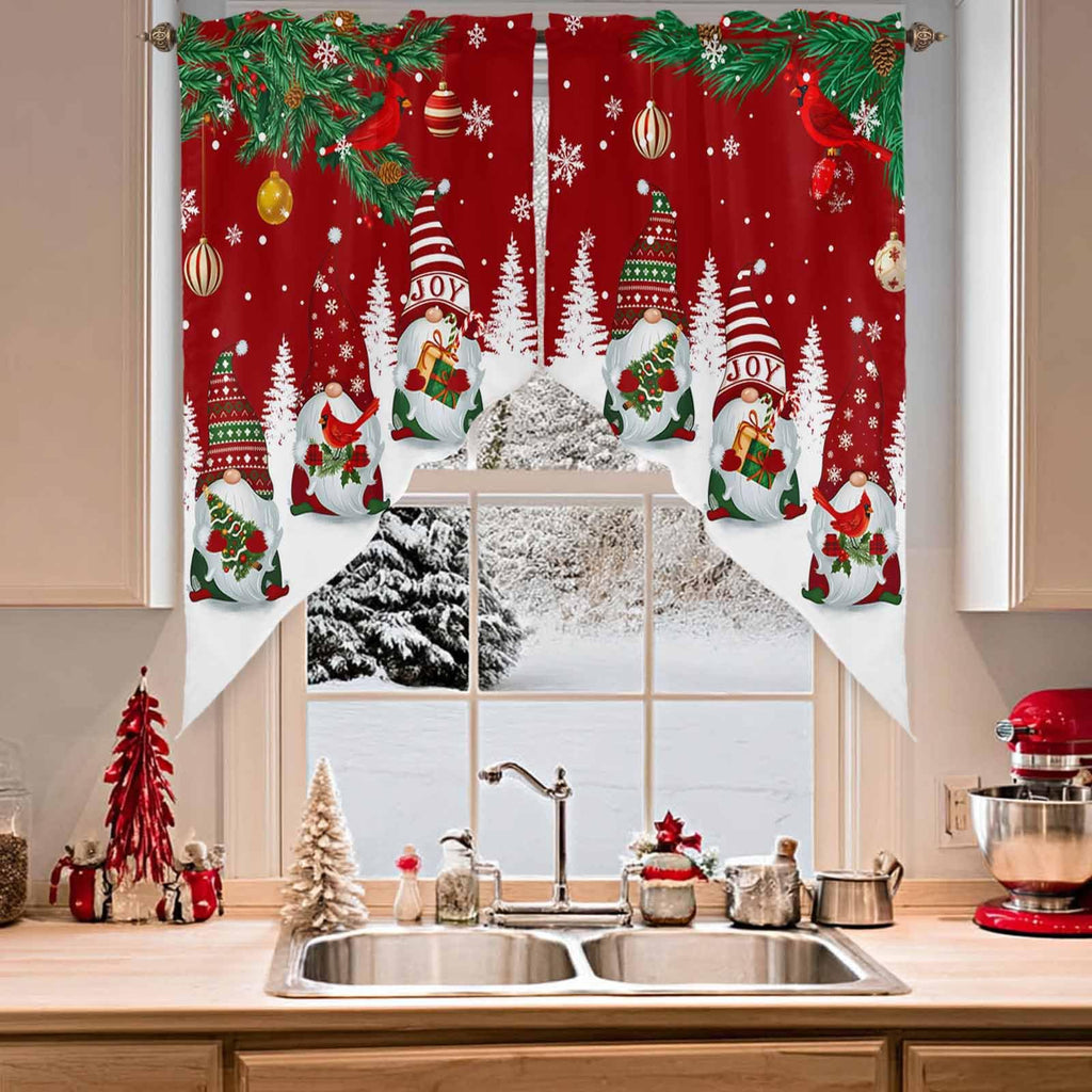 Swag Valances for Windows, Merry Christmas Tree Gnomes Red Rod Pocket Kitchen Window Curtains Over Sink, Cardinals