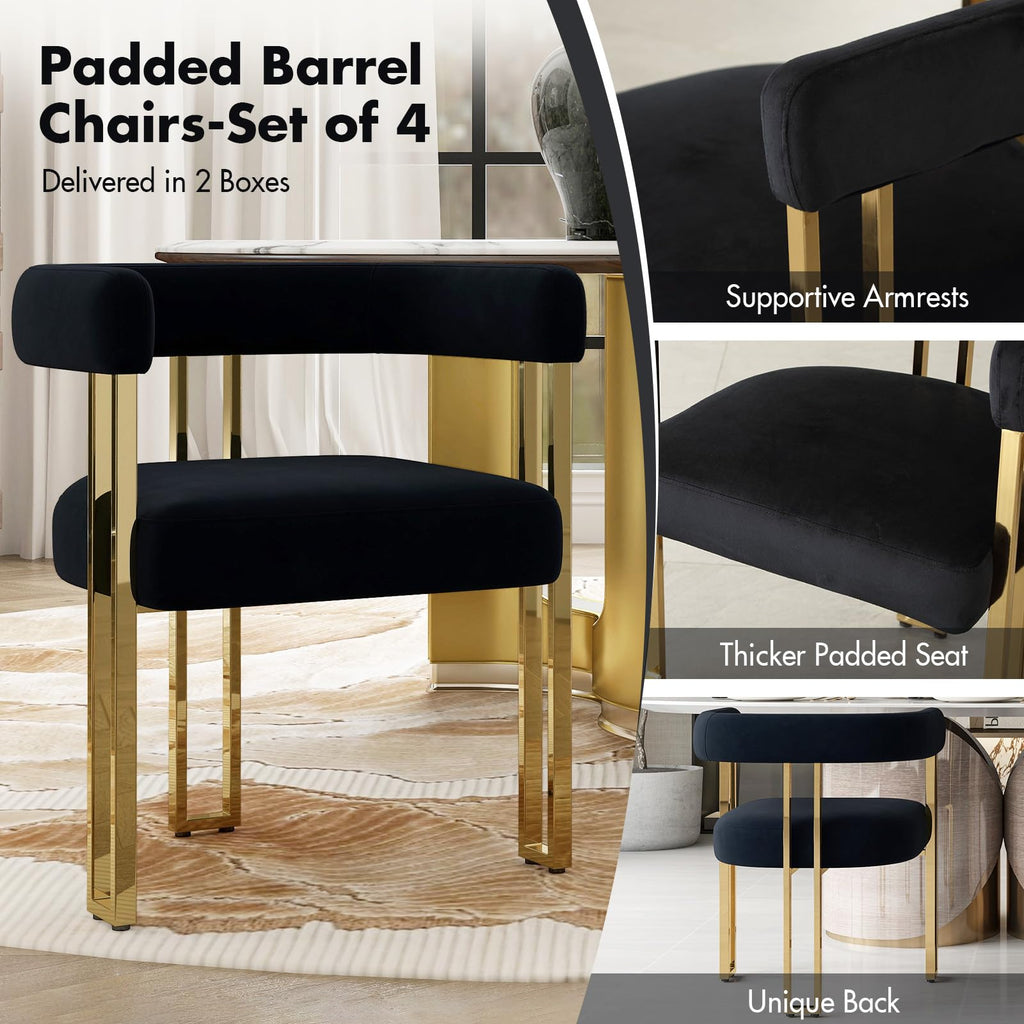 Set of 4 Black and Gold Modern Dining Chairs, Velvet Upholstered Barrel Armchairs with Metal Legs Island, Mid Century