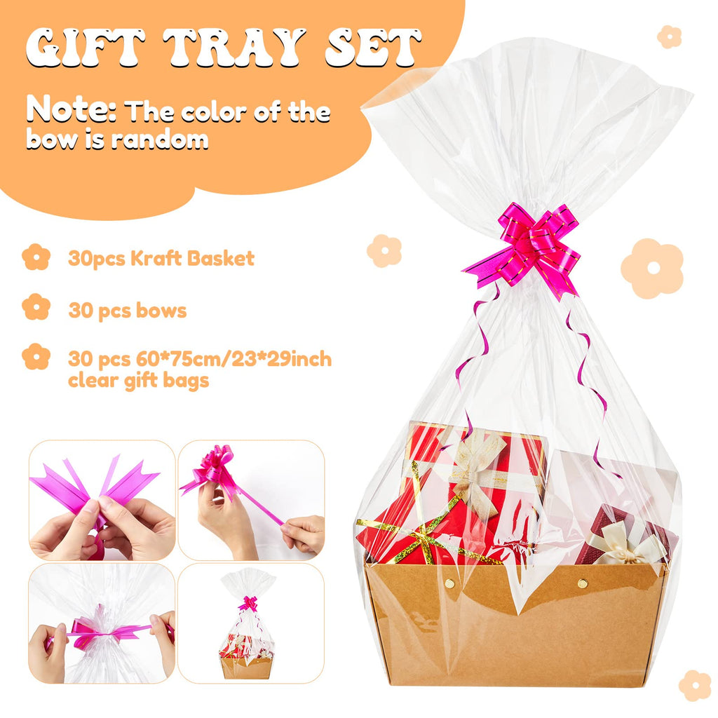 30 Pcs Basket for Gift Empty DIY Bulk Gift Basket Kit with Handle Kraft Cardboard Tray with 30 Bag 30 Bow Market Tray