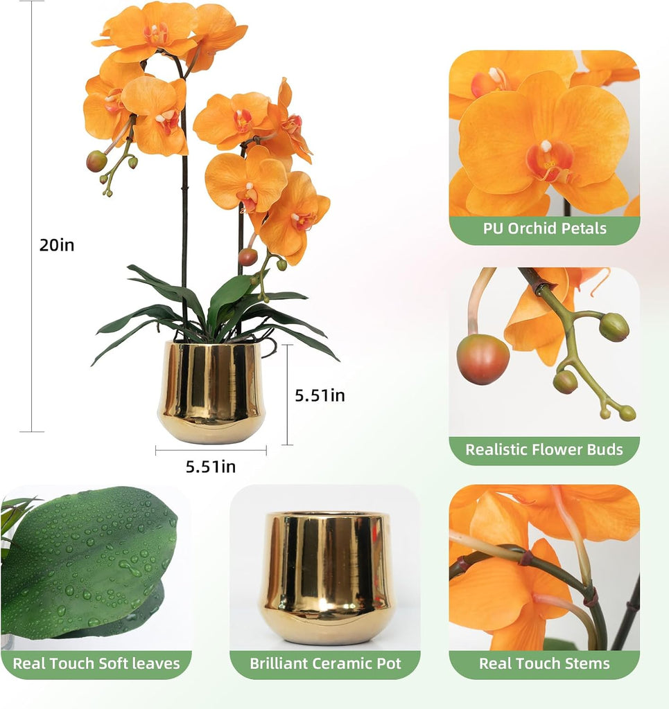 Orchids Artificial Flowers Realistic Fake Flowers in Ceramic Pot 20" Orange Lifelike Faux Floral Arrangement Soft PU