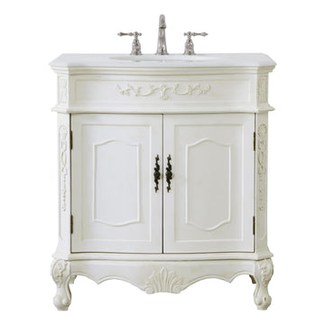 Fallon 32 Inch Pre-Assembled Bathroom Vanity with Single Sink and Engineered Marble Top, Solid Wood and MDF, Antique