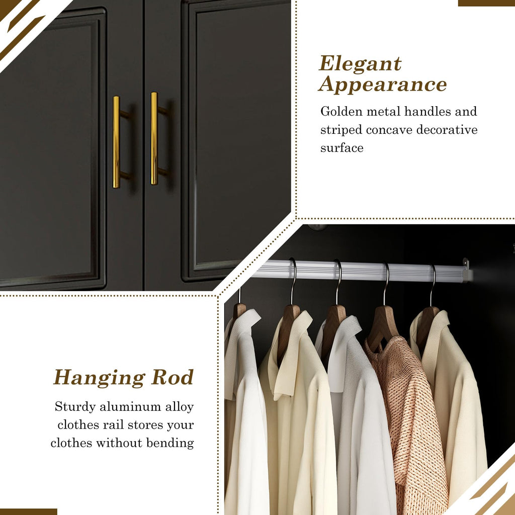 Large Armoire Wardrobe Closet Cabinet with Drawers and LED Lights, Multi-Tier Shelves, Hanging Rod, Large Capacity