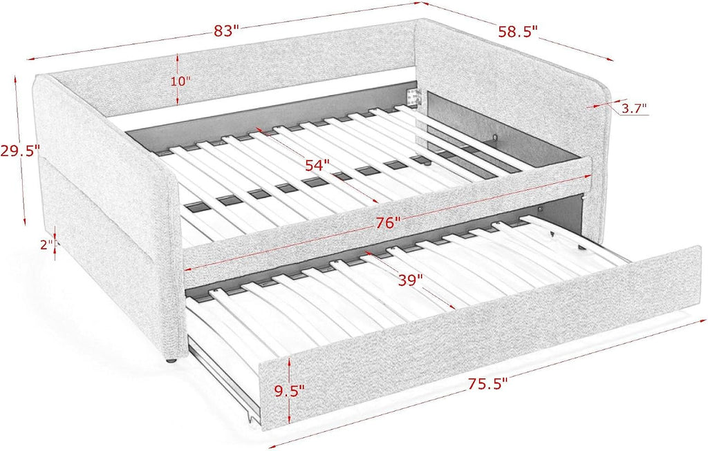 Full Size Upholstery Tufted Daybed with Erectable Trundle, Twin to King Design Modern Extendable Boucle Sofa Bed