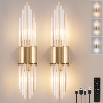 Battery Operated Wall Sconce Set of 2, Modern Crystal Wall Sconces Gold Vanity Wall Light with Frosted Glass Luxury