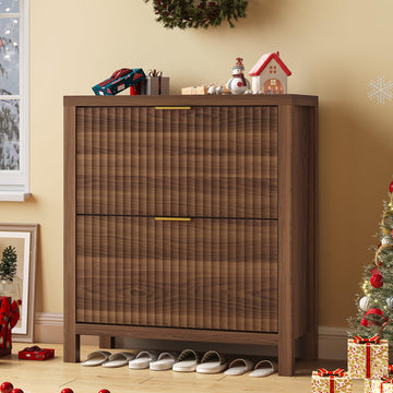 Fluted Shoe Cabinet Storage with 2 Flip Drawers