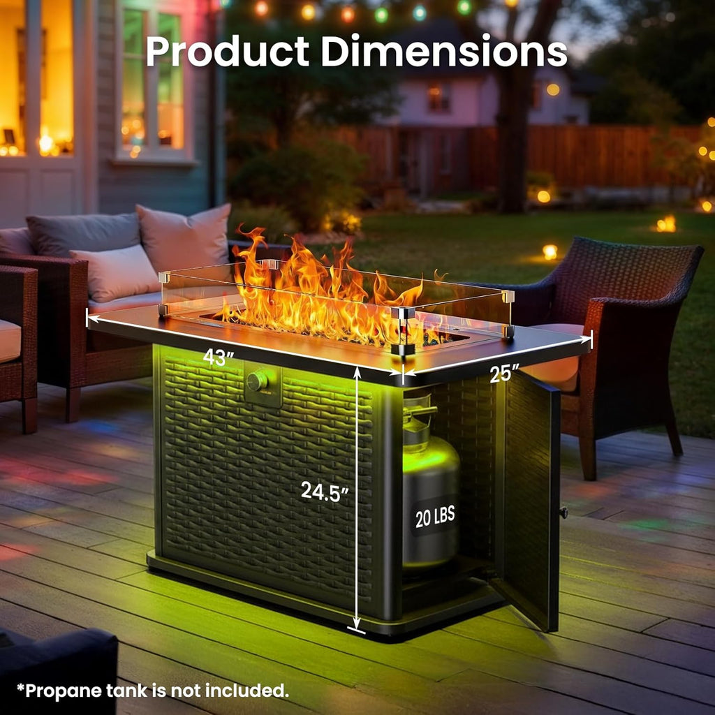 43" Rectangular Propane Fire Pit with RGB Lighting Strip