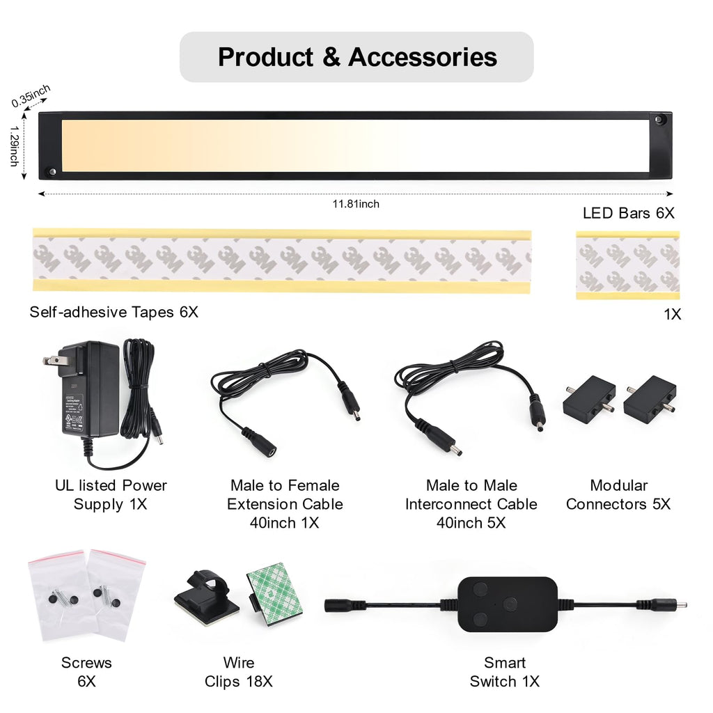 6pack 12inch Dimmable LED Under Cabinet Light Kit, 2700K to 6000K Smart LED Under Counter Lighting Fixture