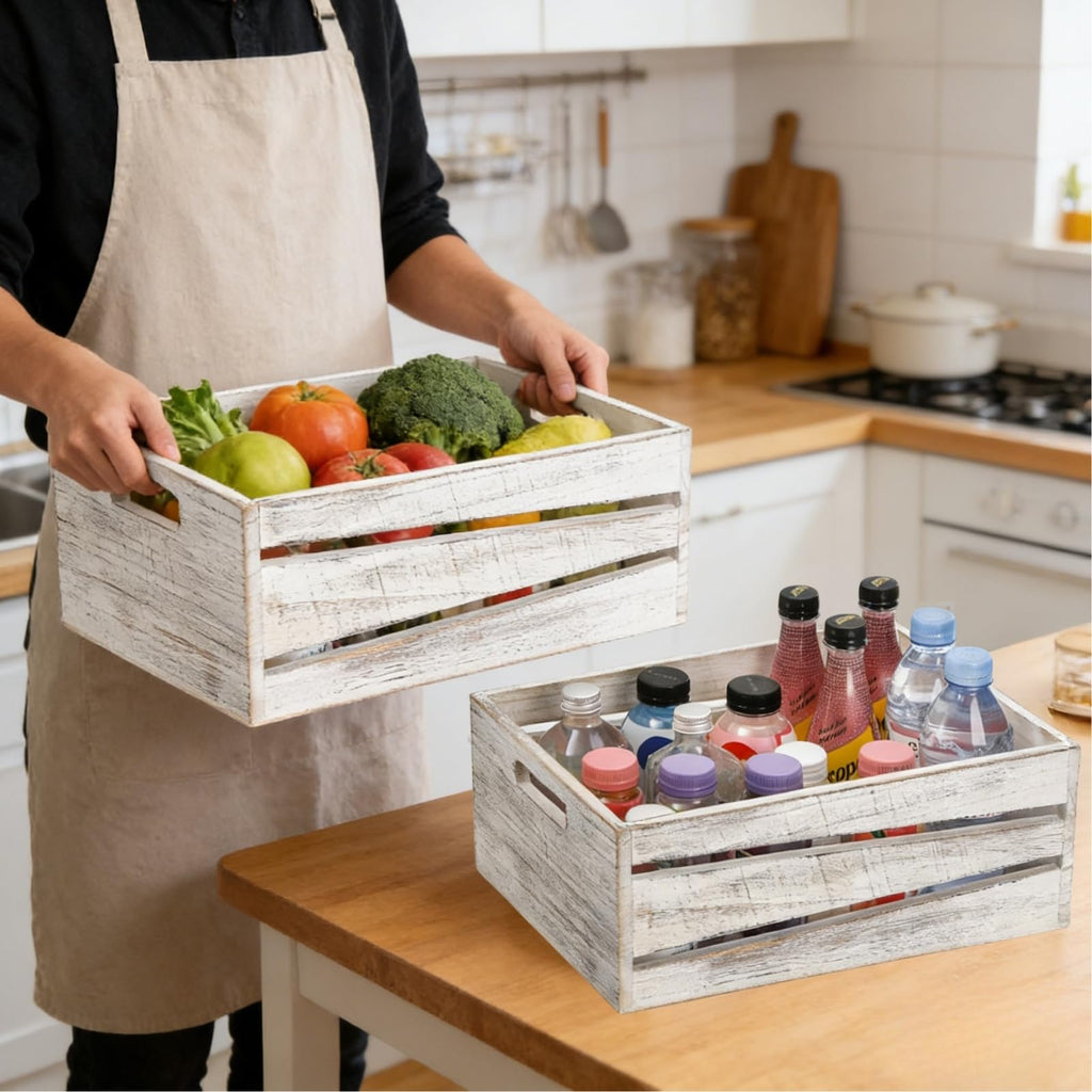 3 Pack Wooden Storage Crates, Rustic Nesting Container Bin with Handles, Decorative Farmhouse Wood Basket, Vintage