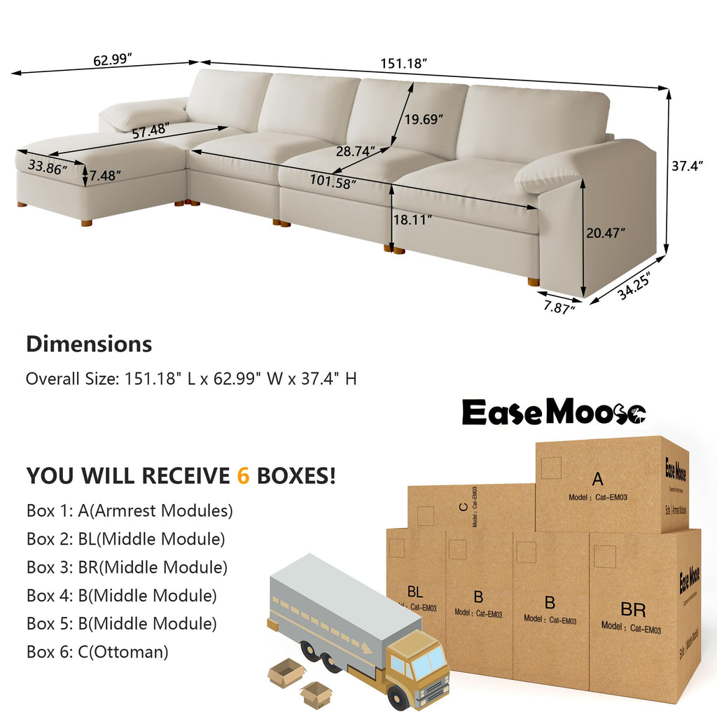 Leather Sectional Couch, L Shaped Deep Seat Modern Sofa, Beige