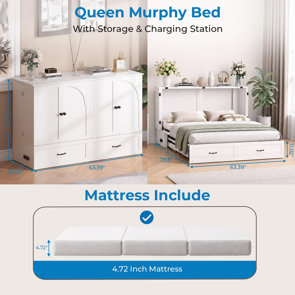 Queen Size Murphy Bed Cabinet with Mattress Included, USB Charging Station, Storage Drawer, Panel, 63.39" Width Chest