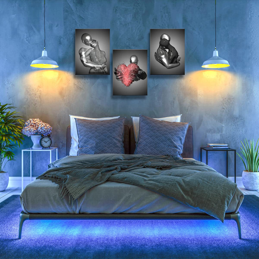 Framed 3 Pcs Love Heart 3d Wall Art Metal Sculpture Romantic Couple Abstract Art Prints Posters Decor Grey Black and