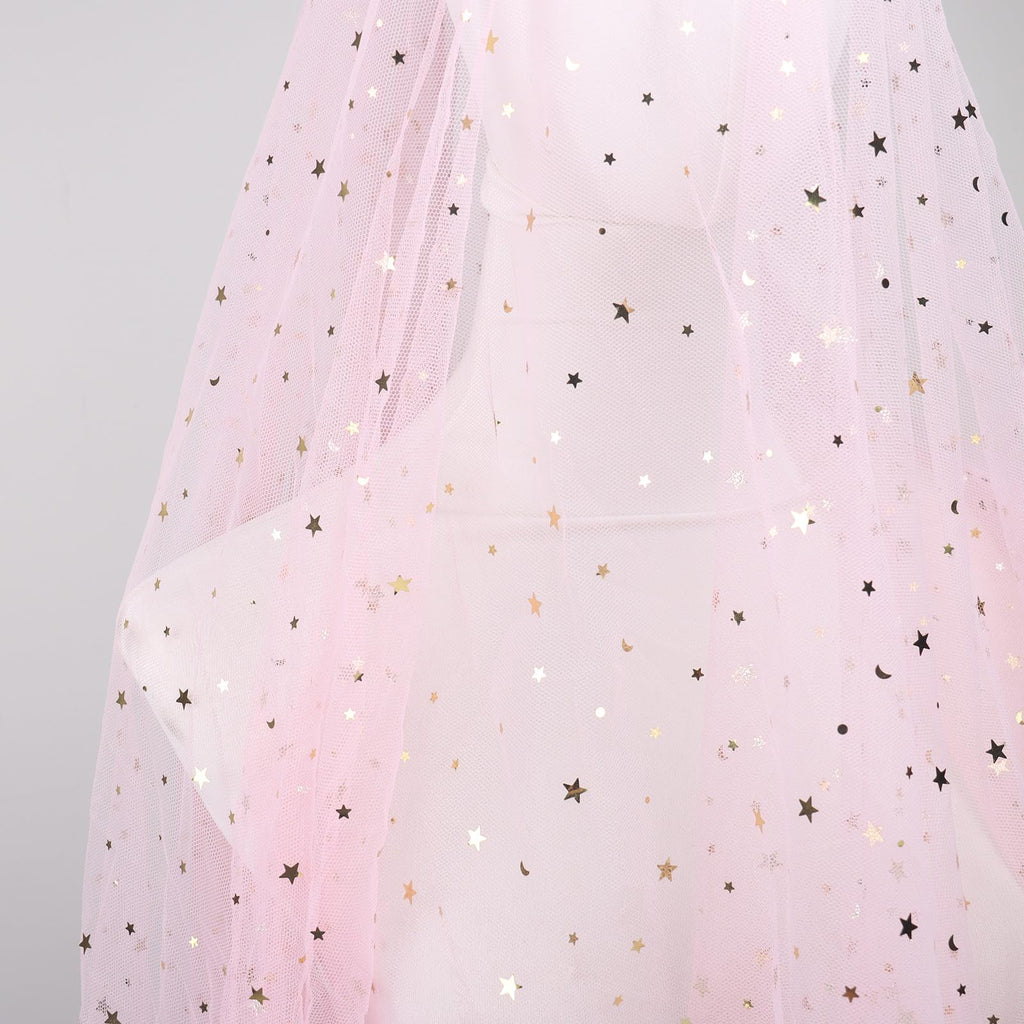59" x 2 Yards Light Pink Glitter Tulle Rolls Star Moon Sequin Tulle Fabric Bolt for Photography Props Background Tutu