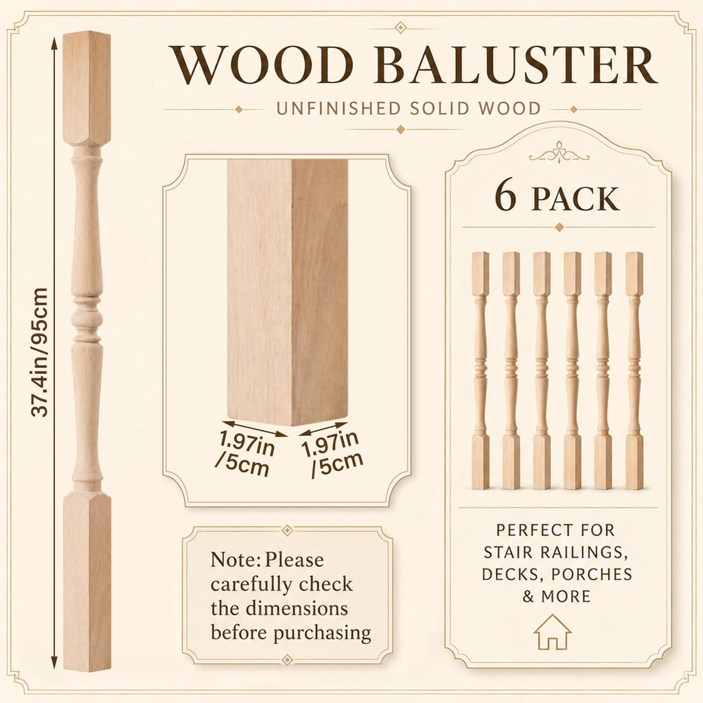 6 Pack 37.4" Wooden Baluster Spindles Wood Stair Balusters