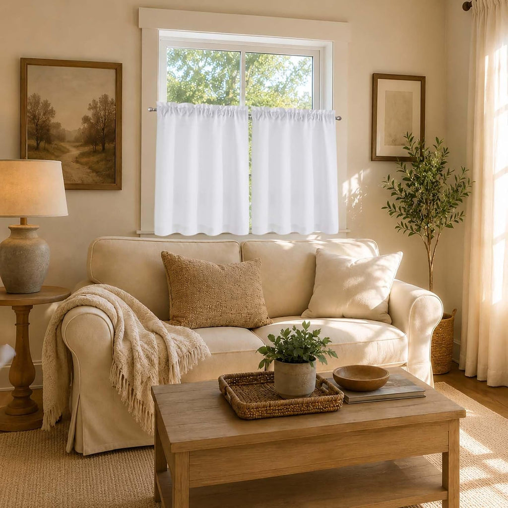 2 Panels White Kitchen Curtains 36 Inch Length Tier Curtain, Faux Linen Textured Small Cafe Curtain, Light Filtering