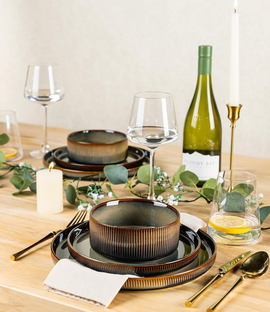 Ceramic Dinnerware Sets for 4, 12 Pieces Porcelain Lightweight Speckled Plates and Bowls Sets