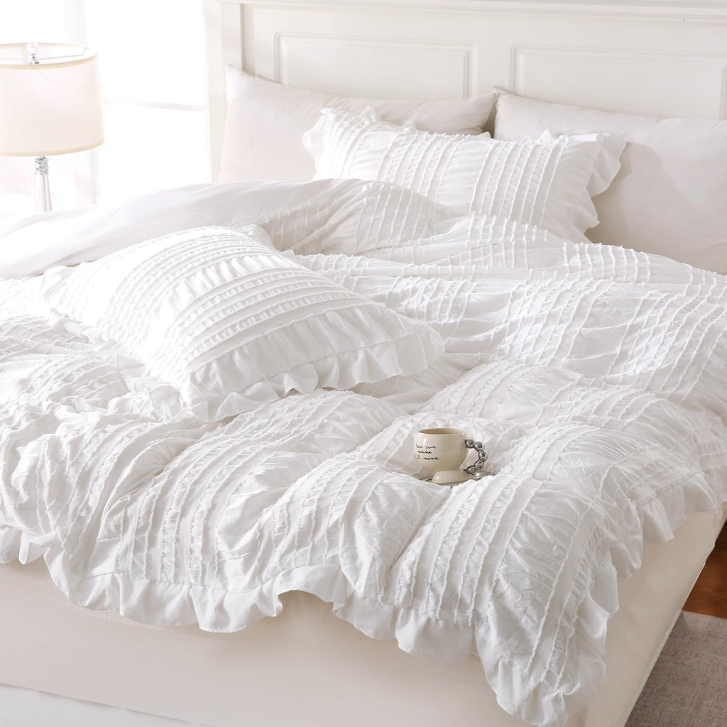 White Ruffle Comforter Set Boho Comforter Set 3 Pieces Ultra Soft Microfiber Seersucker Shabby Chic Bedding