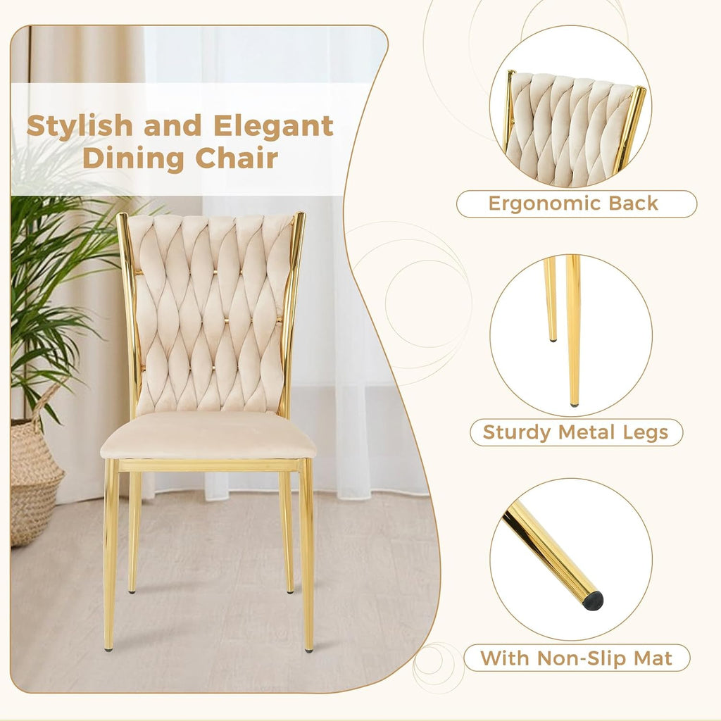 Velvet Dining Chairs Set of 4, Modern Woven Kitchen Chairs with Gold Metal Legs, Upholstered Cushion with High Back