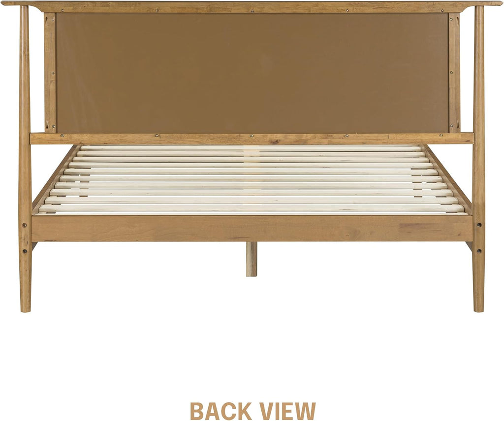 Ruby Wooden Bed Frame with Headboard and Natural Rattan, Solid Oak/Rubber Wood Foundation with Silent Slats, 1000 Lb