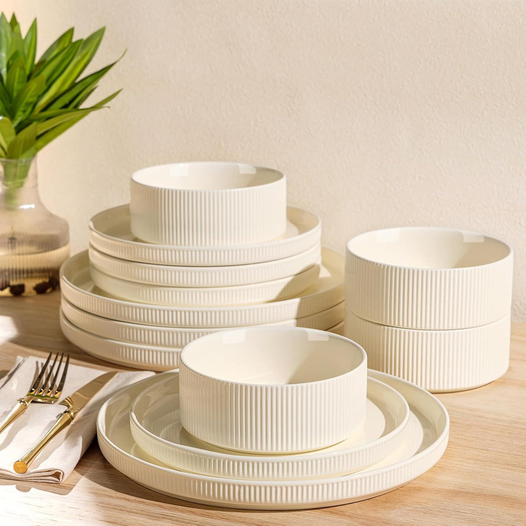 Ceramic Dinnerware Sets for 4, 12 Pieces Porcelain Lightweight Plates and Bowls Sets, Scratch Resistant Dish Set