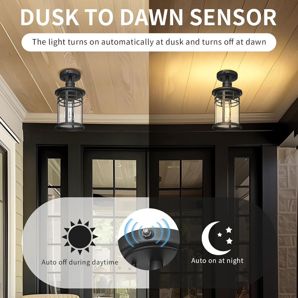 Semi Ceiling Light Fixtures, Dusk to Dawn Black Flush Mount Ceiling Lighting with Waterproof Seeded Glass Shade
