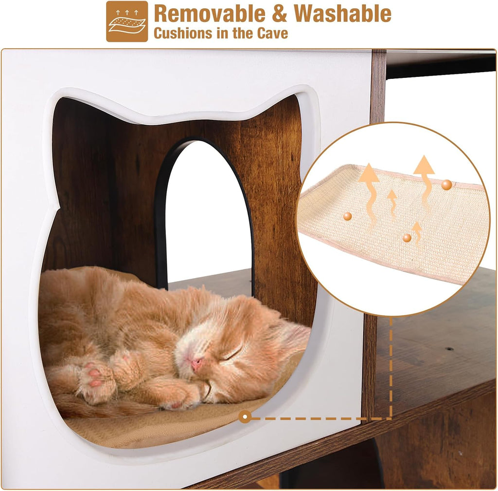 Cat Litter Box Furniture Enclosure 4 Levels Cat Tree Hidden Cabinet with Storage and Scratch, 4 Tiers