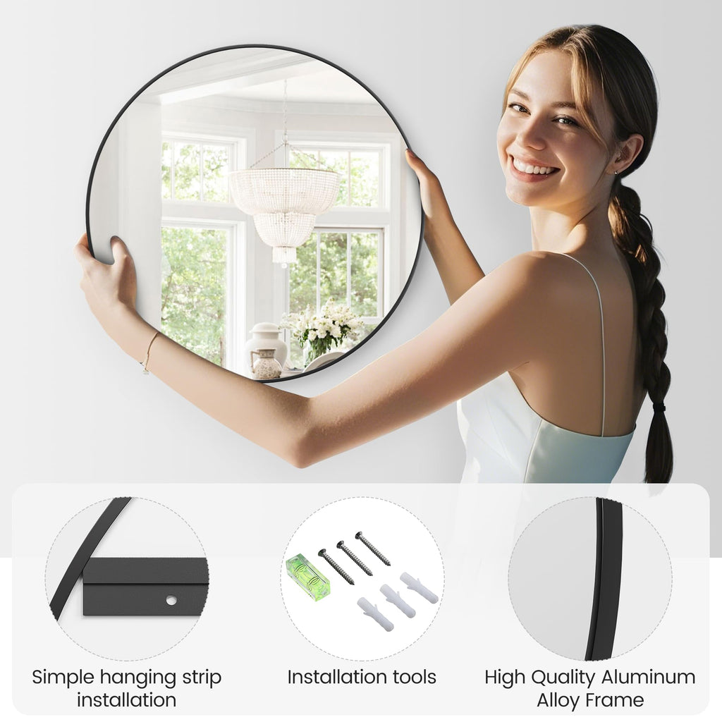 30Inch Black Round Wall Mirror, Circle Mirror Metal Frame, Vanity, Entryway, Bedroom, Living Room, Wall Mounted