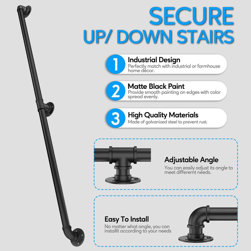 Pipe Stair Handrail, 8 Ft Metal Staircase Handrail, Black Galvanized Industrial Iron Hand Rail for Indoor & Outdoor