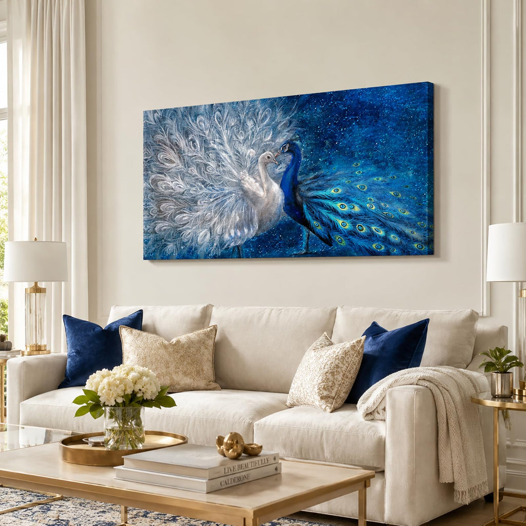 Peacock Canvas Wall Art Blue and White Peacock Couple Painting Pictures Elegant Animal Artworks Romantic Kiss Artwork