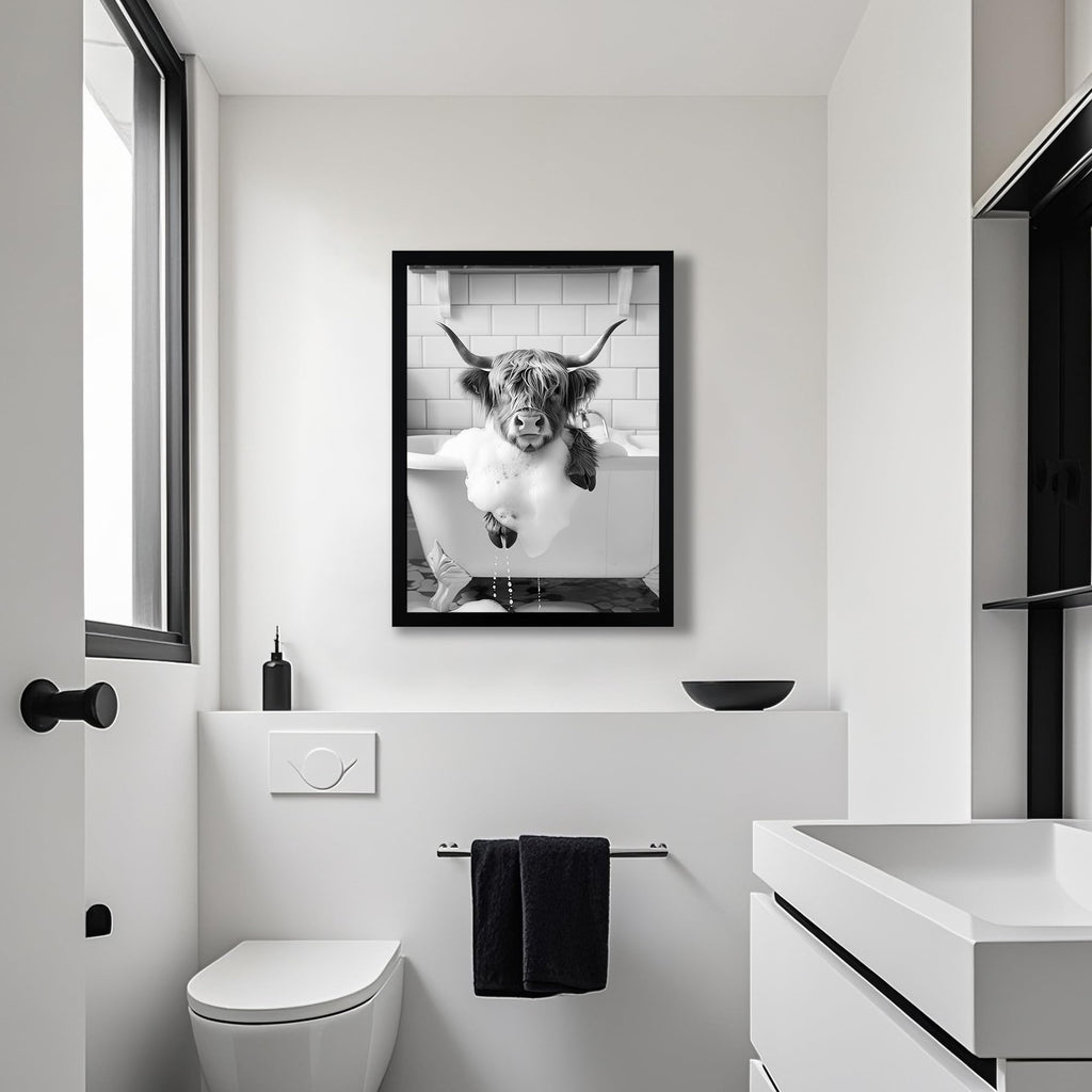 Black and White Highland Cow in Bathtub Canvas Wall Art 12x16 inch
