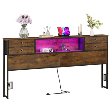 Headboard with 4 Fabric Storage Drawers Charging Station LED Light Adjustable Height Storage Rack Sturdy