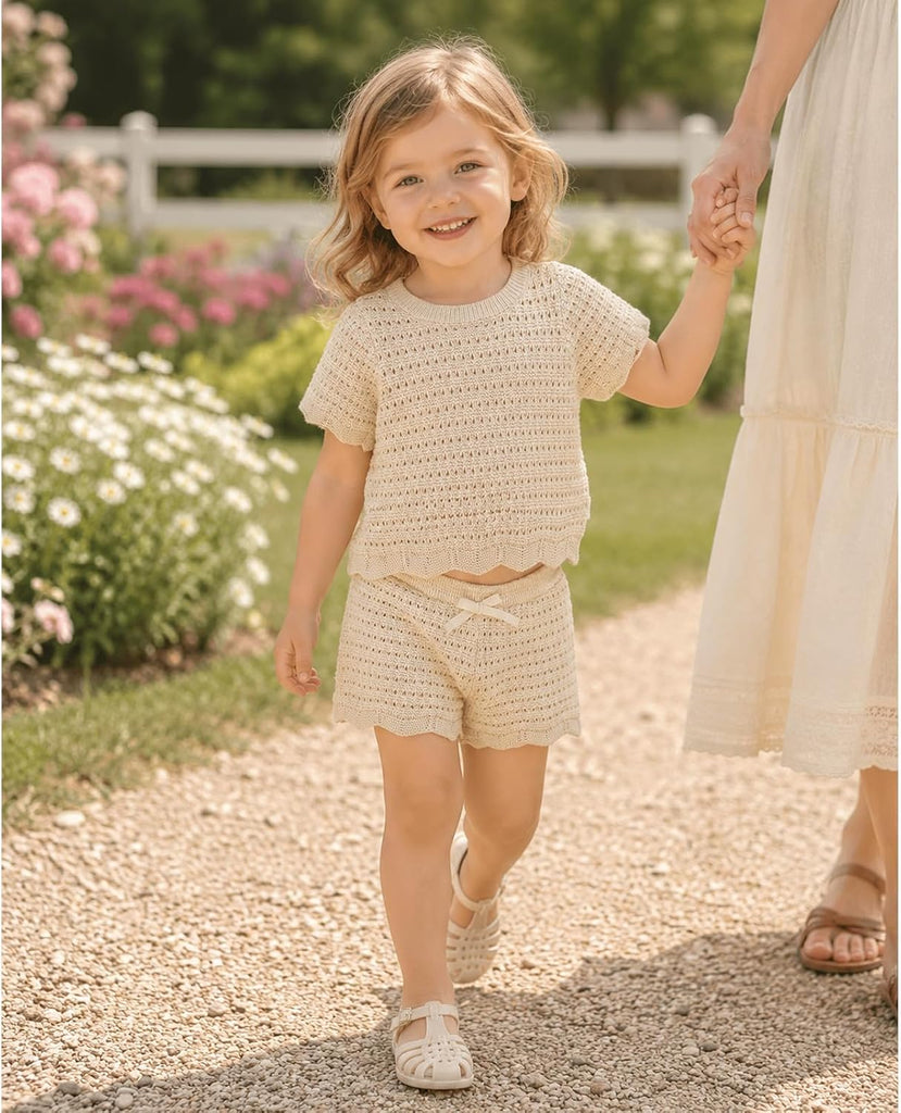 Baby Little Girls Summer Knit 2 Piece Outfit, Toddler Short Sleeve Crochet Top and Shorts Set