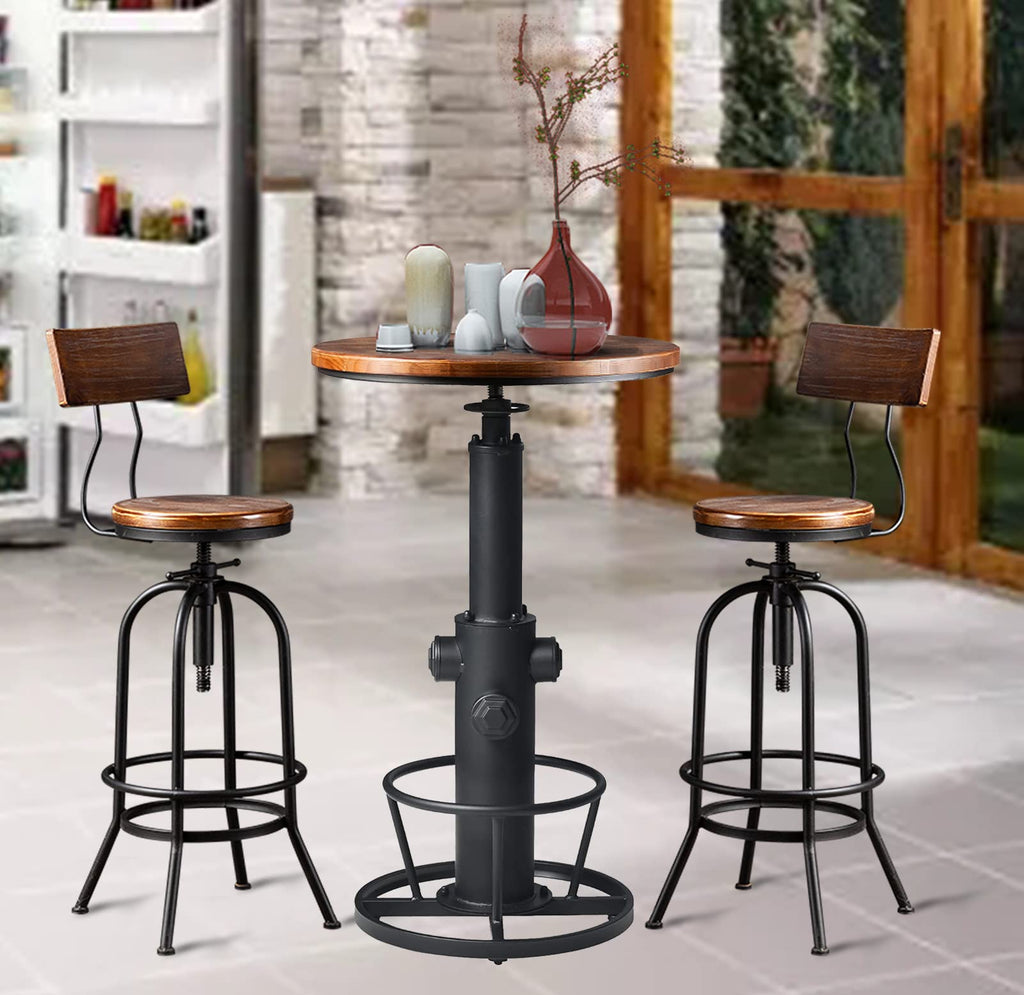 3-Piece Bar Height Table & Stools Sets for Cocktail Bistro Home Pub Party, Weld Metal Legs Round Wood Top, Rustic