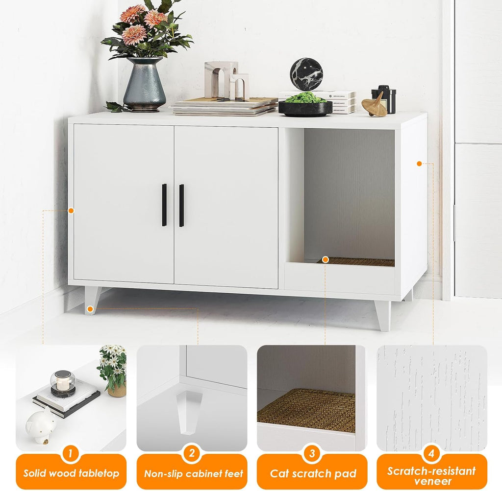 Cat Litter Box Enclosure, 33.5" Wood Hidden Litter Cat House with Scratching Mat, Double Cabinet Doors, White