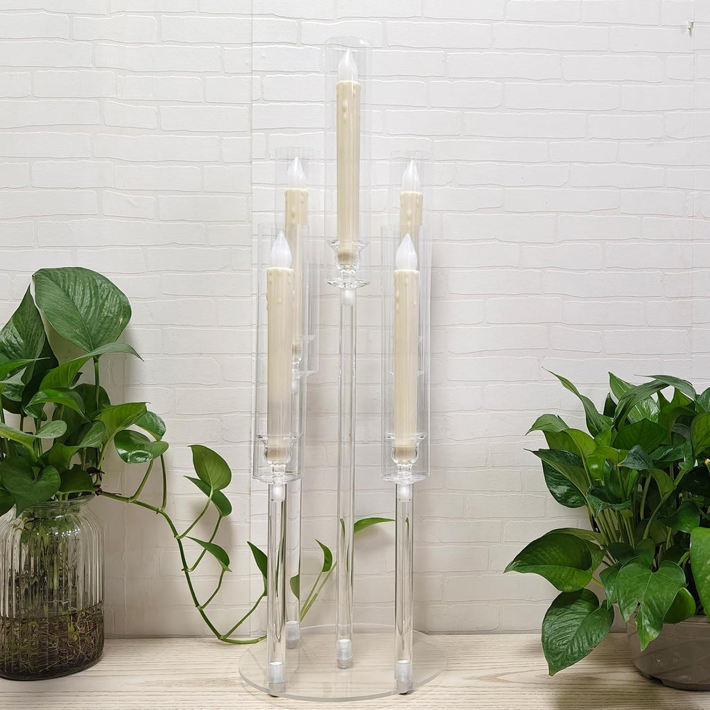 2Pcs 26.8'' Acrylic Candelabra Centerpieces,Clear 5 Arms Candlesticks Holder with Acrylic Shade for Candlelight